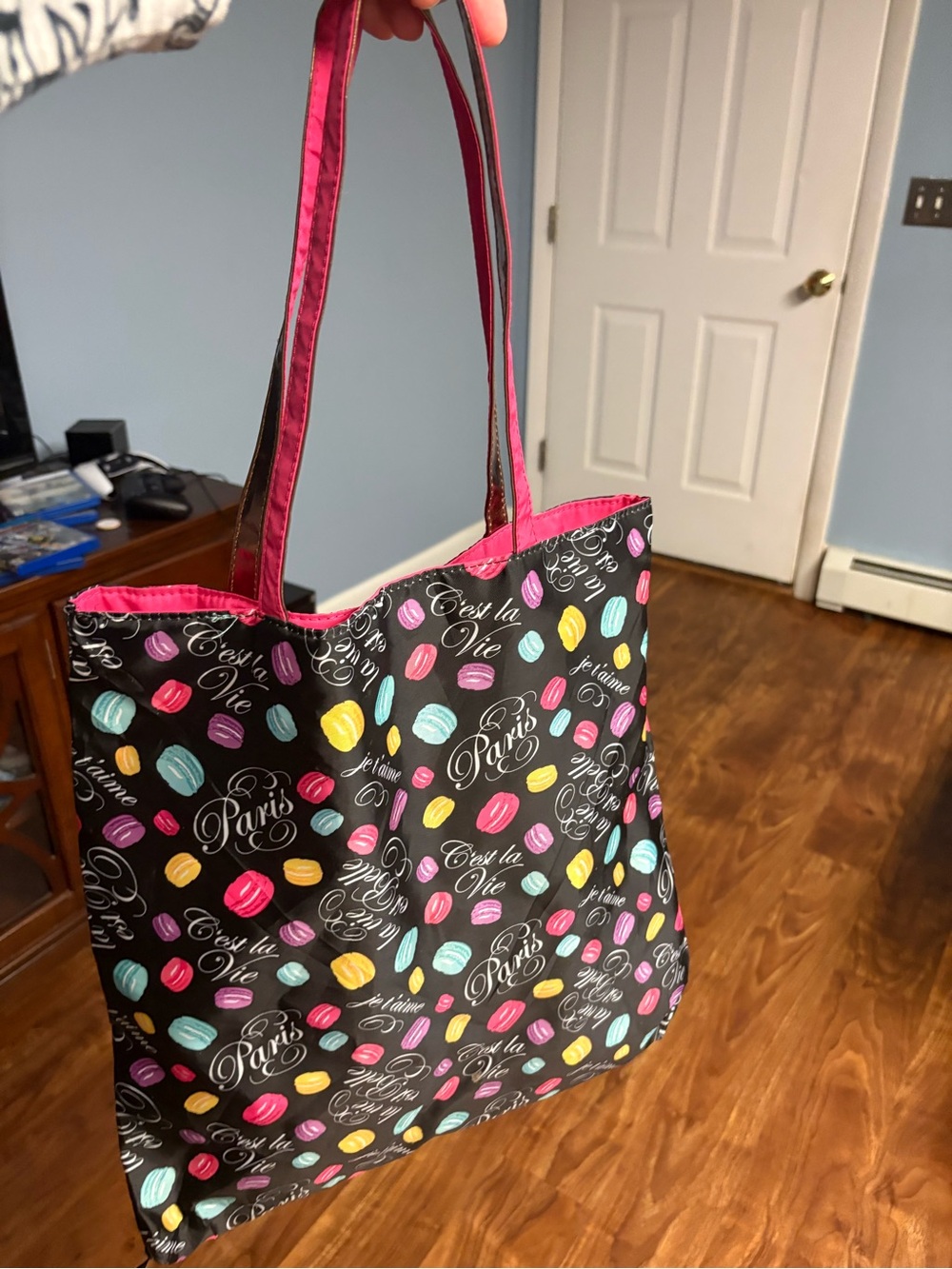 Lancome Black Tote with Multicolor Macaron Print and Pink Trim